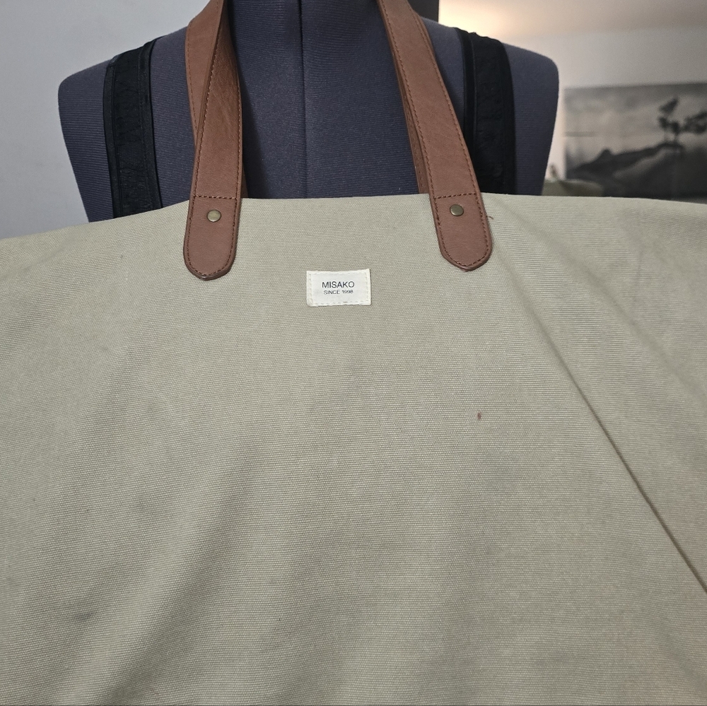 Cotton Canvas Oversized Weekender Travel Duffel with Brown Handles - Picture 3 of 11